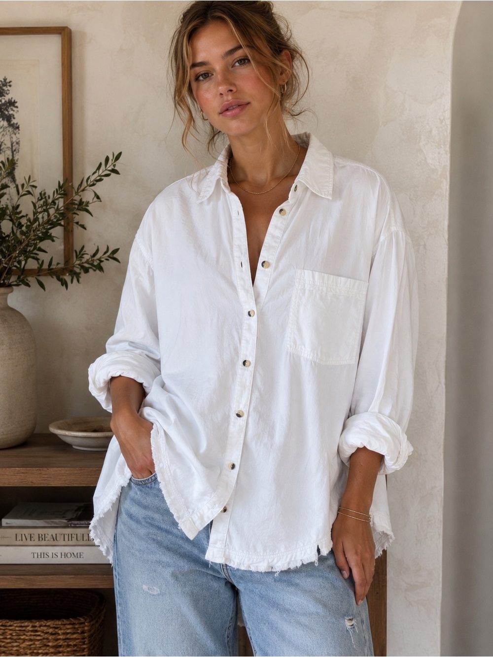 Free People We The Free Oversized White Button Down Shirt Raw Hem Size Small